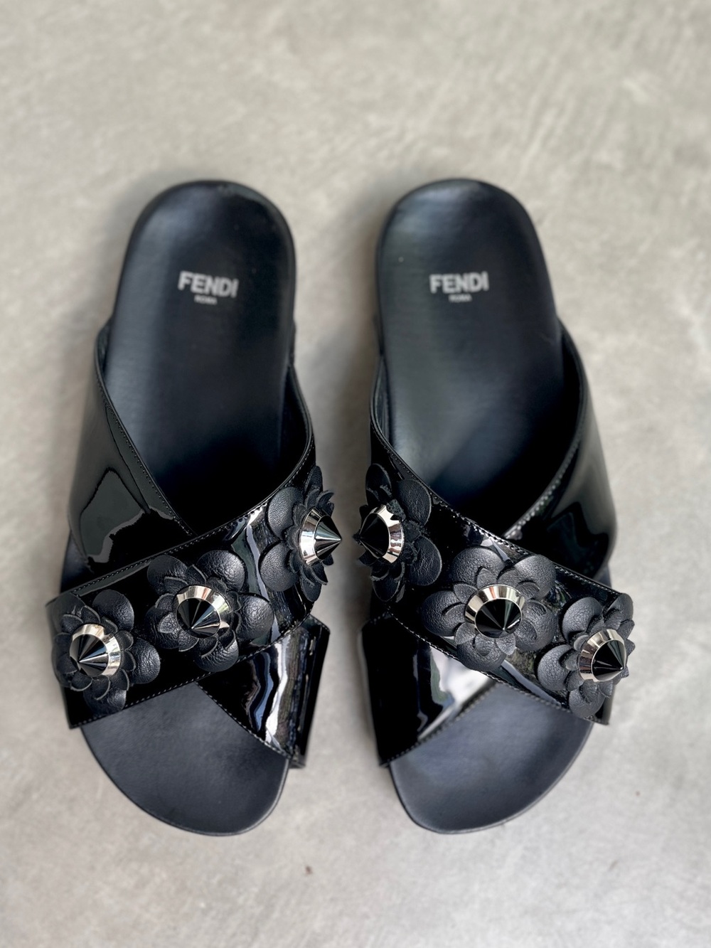 Fendi Black Patent Leather Flowerland Studded Criss Cross Slide Sandals US 5.5/6
